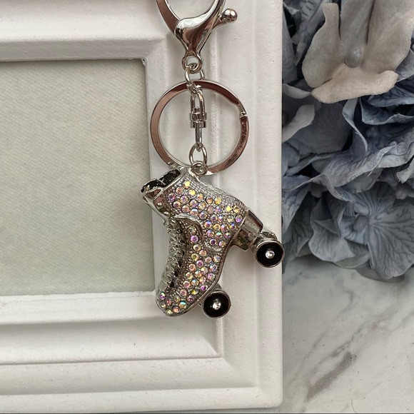 Silver Iridescent Crystal Roller Skate Keychain Charm - Picture 5 of 15